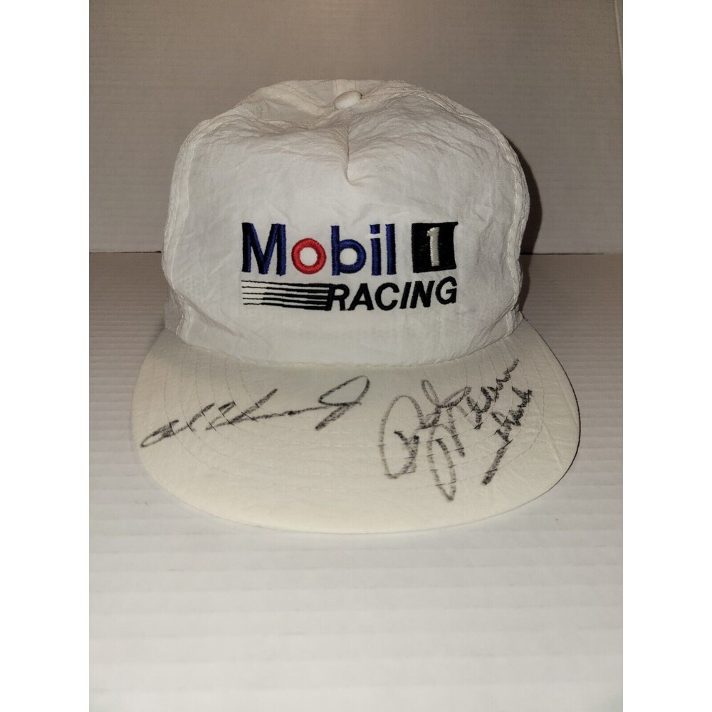 Vintage MOBIL 1 RACING White Snapback‎ Hat Nylon Autographed Race Car Drivers?